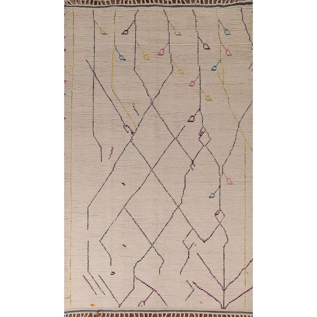 All-Over Striped Ivory Moroccan Area Rug Handmade Wool Carpet - 6'1"x 10'1"