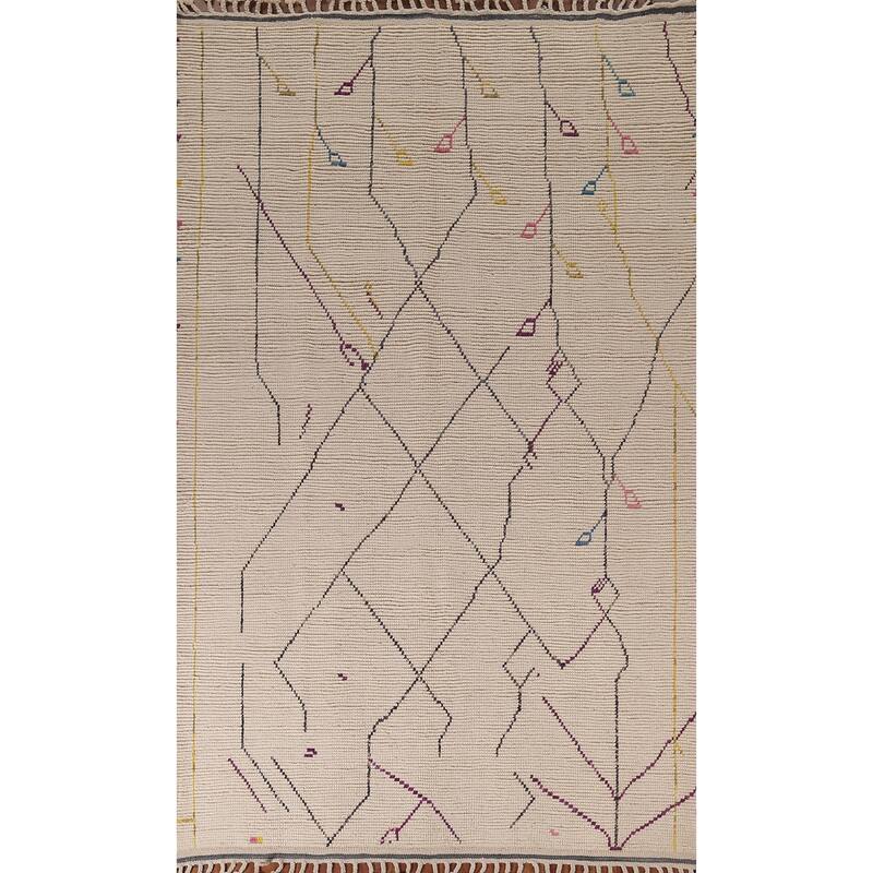 All-Over Striped Ivory Moroccan Area Rug Handmade Wool Carpet - 6'1"x 10'1"