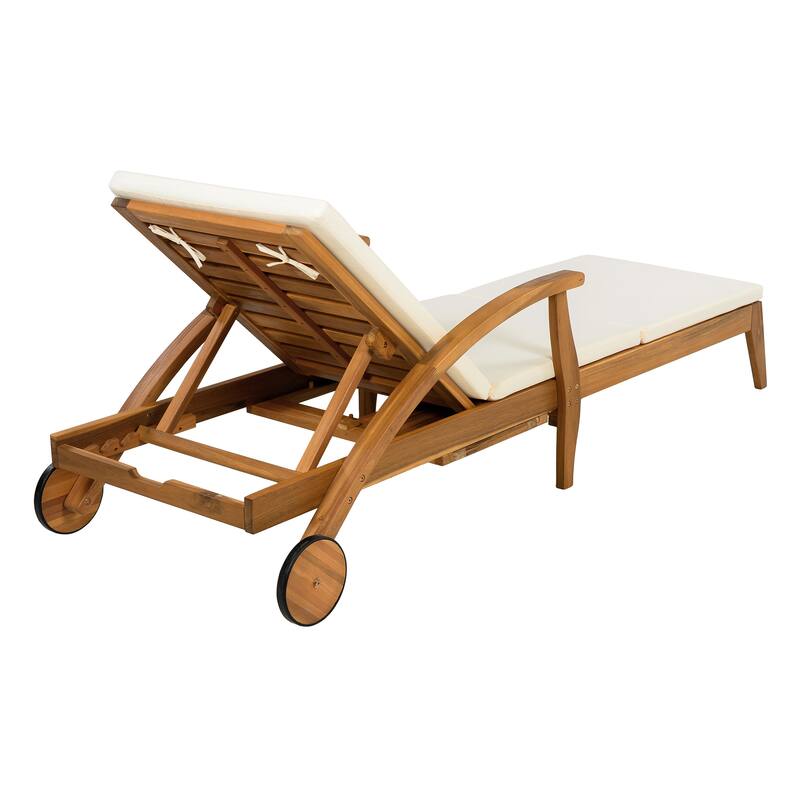 Wood Outdoor Chaise Lounge Set with Wheels, Adjustable Backrest, Foldable Side Table and Cushions for Poolside Balcony