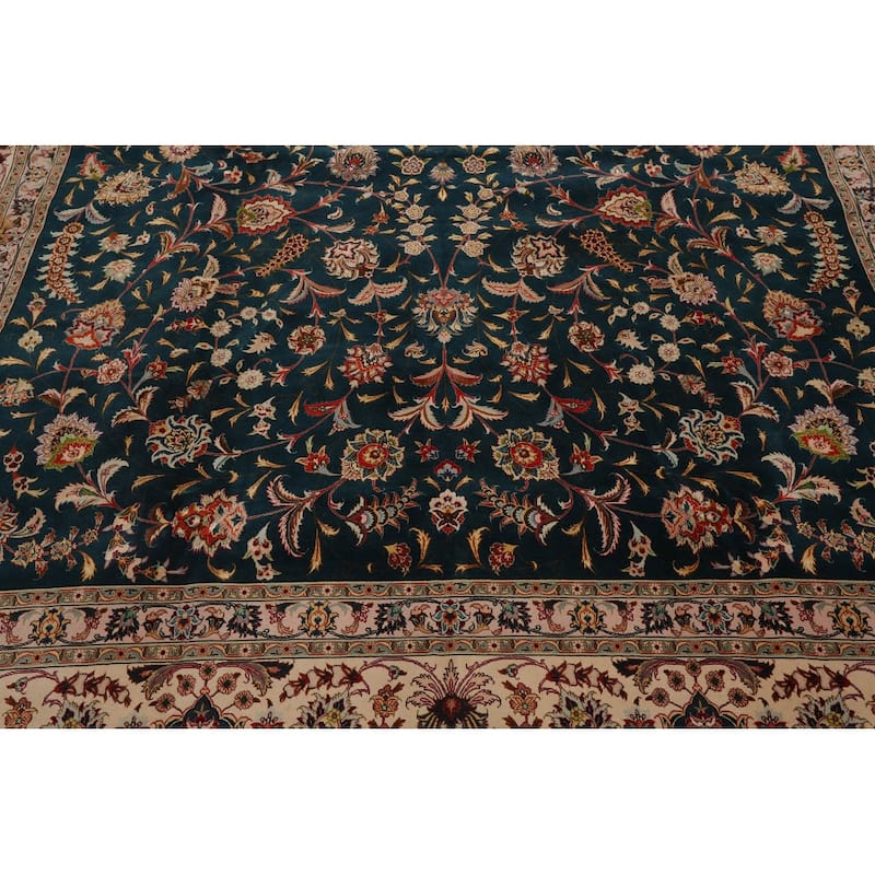 Hand Knotted Teal Persian Wool & Silk Traditional Oriental Area Rug - 10' x 13' 4''