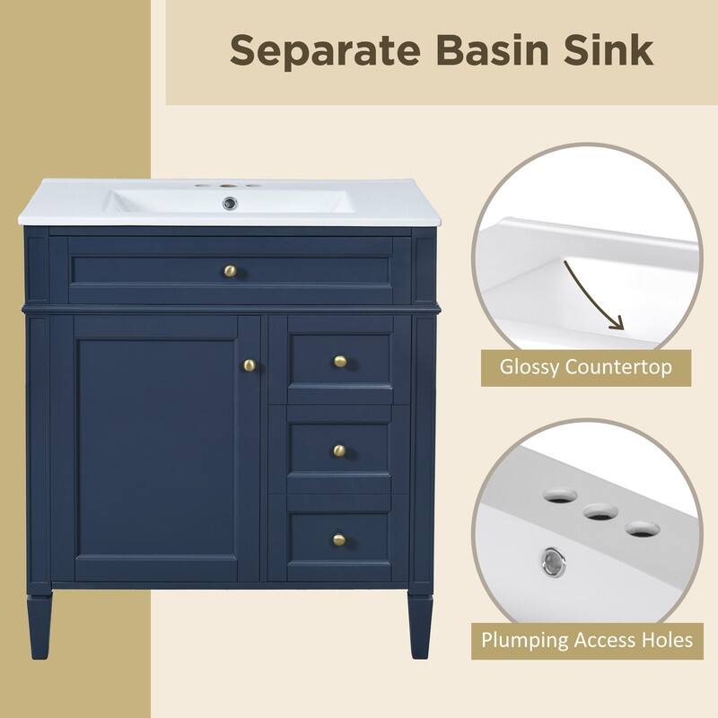 30''Bathroom Vanity with Top Sink, Modern Bathroom Storage Cabinet with 2 Drawers and a Tip-out Drawer