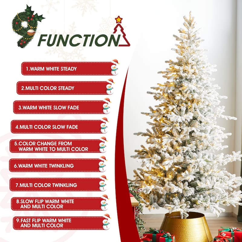 Glitzhome 6FT/7.5FT/9FT/11FT Snow Flocked Pre-lit Artificial Fir Christmas Trees