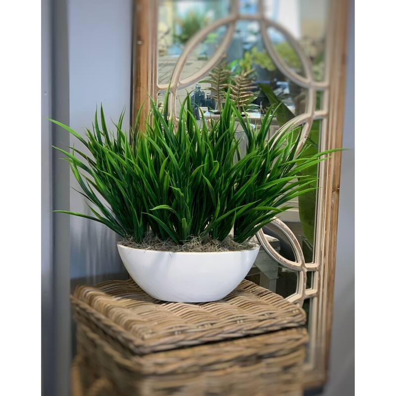 Grass Arrangement in a Round Fiberstone Planter - Green