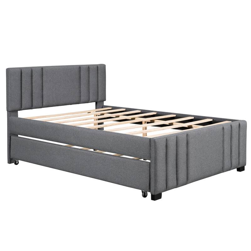 Wooden Bed Frame, Full Size Low-Profile Platform Bed with Pull-Out Trundle Bed, Upholstered Headboard and Footboard