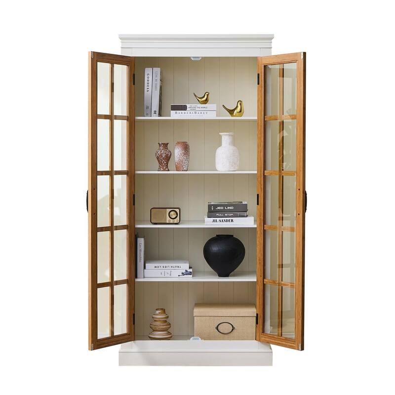 71.2'' Freestanding Pantry Cabinet with Glass Door, Farmhouse Display Cabinets with Storage, Curio Cabinet with Lattice Window
