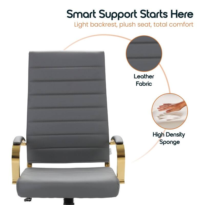 Benmar Ergonomic Ribbed Back Gold Frame Leather Executive Office Chair with Adjustable Height, Tilt, Swivel & Smooth Casters