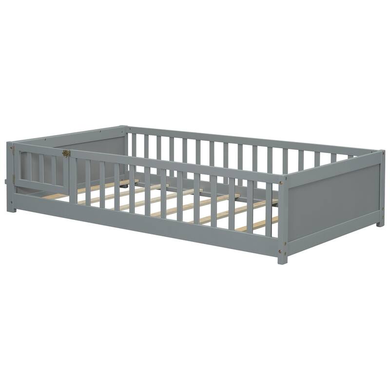 Twin Size Wood Platform Bed with Built-in Book Storage Rack and Door