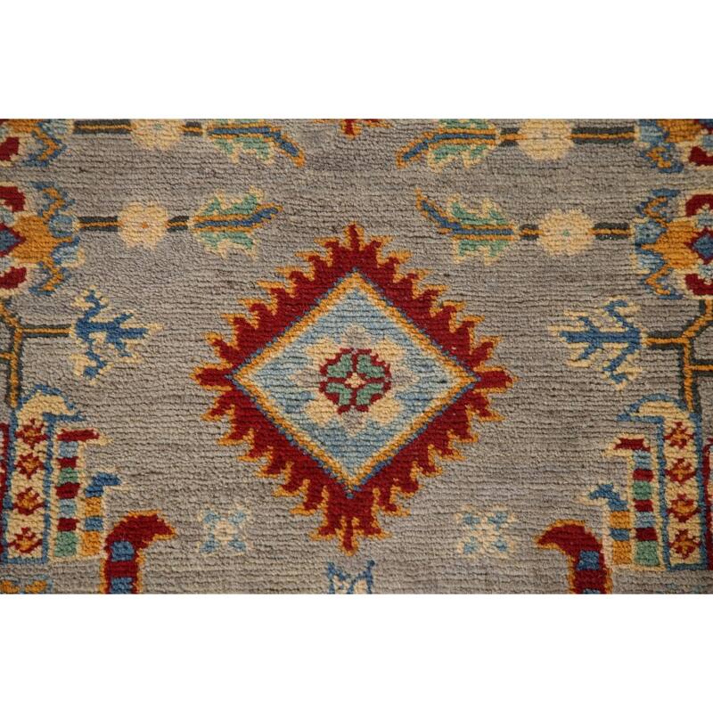 Geometric Kazak Runner Rug Handmade Grey Wool Carpet - 2'8" x 16'3"