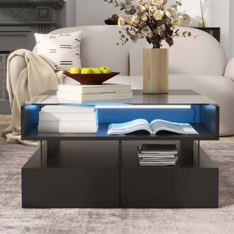 Lift-Top Coffee Table with 2 Drawers, Modern Square Coffee Table with Glass Top and High-Gloss Finish
