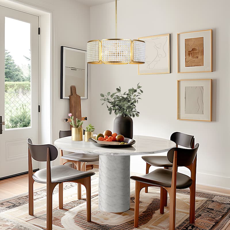 Modern 5-Light White Gold Chandelier with Goldleaf White Wooden Beads for Dining Room - 22 " W × 7.9 " H
