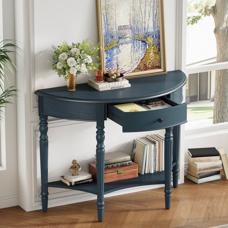 Farmhouse Half Moon Console Table with Drawer and Shelf for Entryway and Living Room Decor