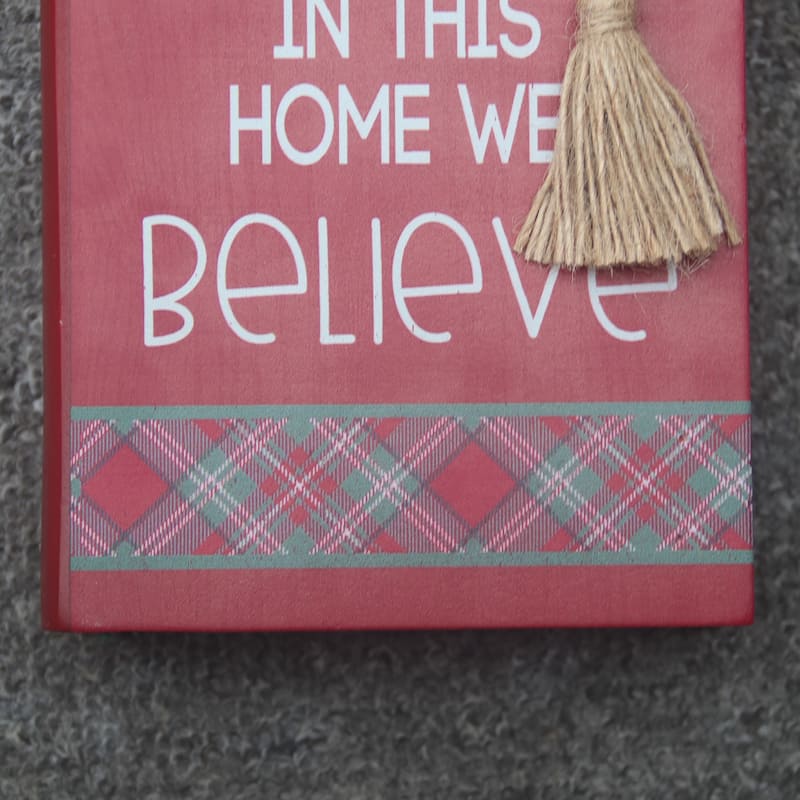 In This Home We Believe Wood Faux Books Decorative Sign with Twine and Beads