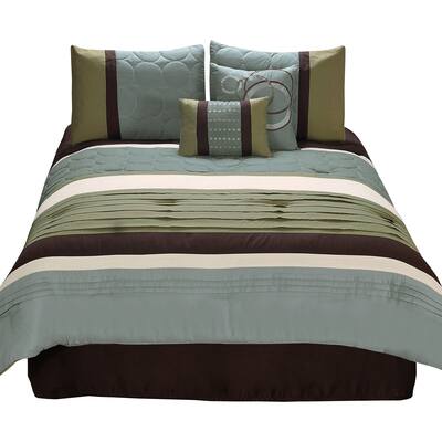6 Piece King Comforter Set with Pleats and Embroidery, Green and Blue