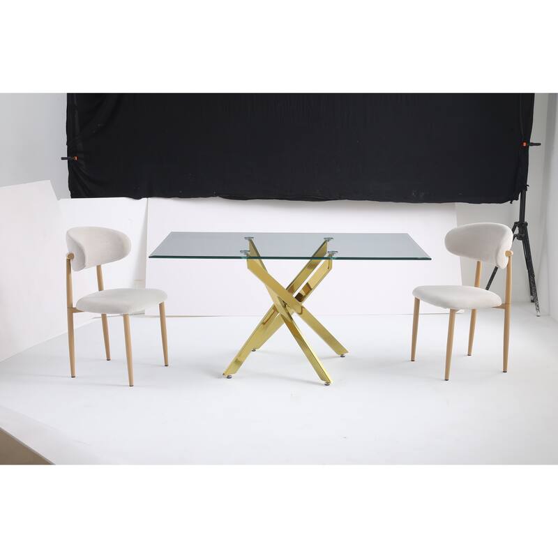 Modern rectangular tempered glass tabletop with a golden iron frame