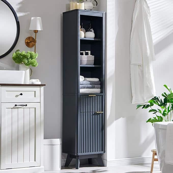 68" Tall Bathroom Narrow Storage Cabinet with Faux Marble Top