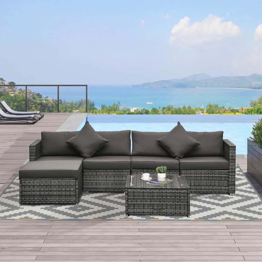 6 Piece Patio Furniture Set, Ottoman, Cushions and Glass Table