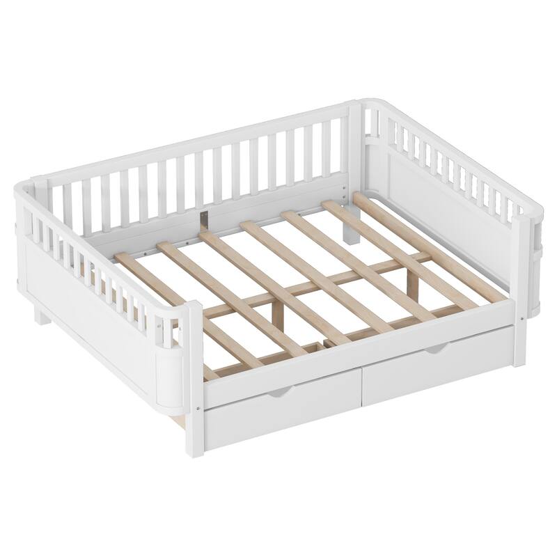 Wooden Kids Bed with 2 Storage Drawers, Guardrails and Removable Side Rail, Rounded Corners Frame Montessori Bed, Toddler Bed