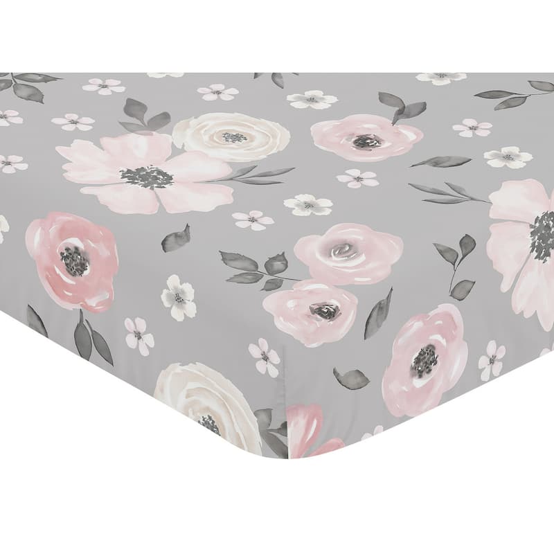 Grey Watercolor Floral Collection Girl Fitted Crib Sheet - Blush Pink Gray and White Shabby Chic Rose Flower Farmhouse