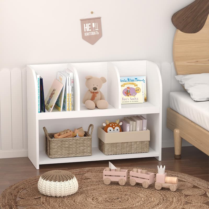 Anmytek 2-Tier Open Shelf Toy Storage Organizer with 3 Cubbies, White Kids Bookshelf for Bedroom Playroom Nursery