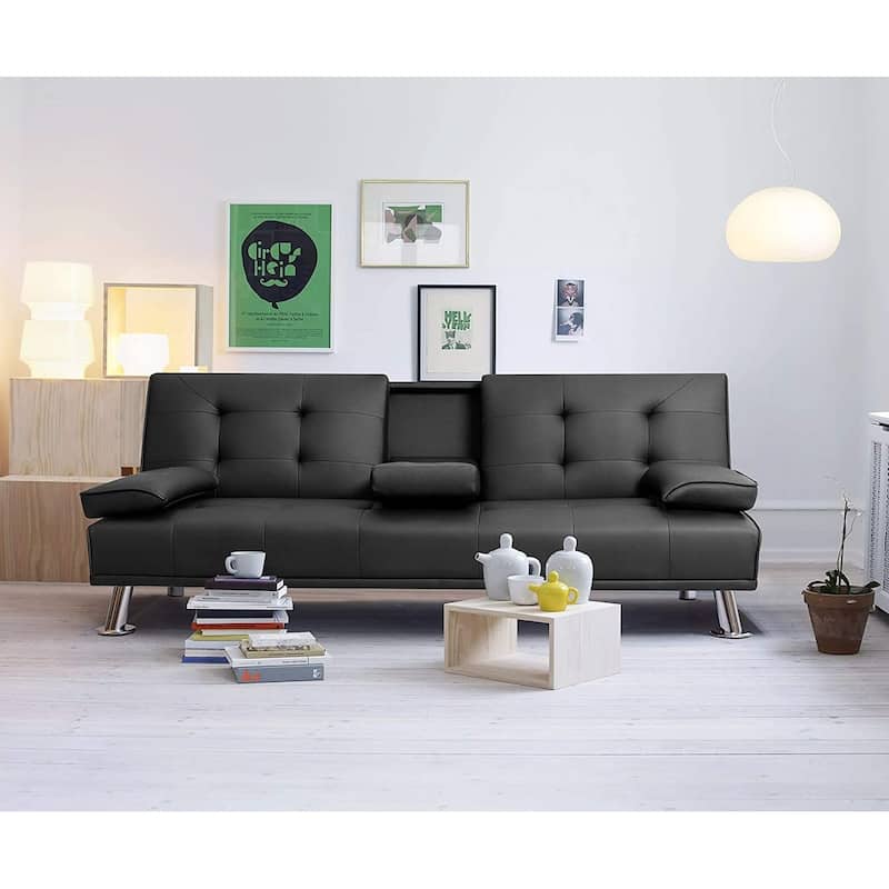 Furniwell Modern Faux Leather Futon with Cup Holders & Pillows, 65"