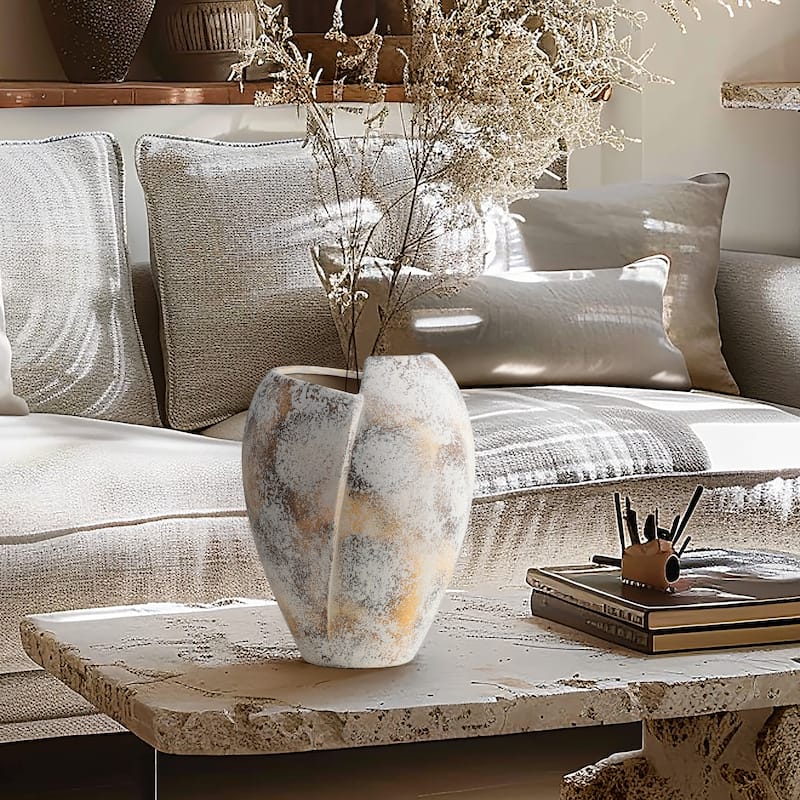 Marbled White Modern Jagged Top Urn Tall Stoneware Vase (Single)