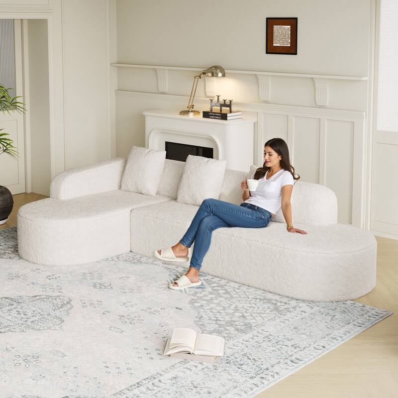 111.8-inch L-shaped curved modular sofa, modern design featuring lychee-textured long-pile polyester fabric, curved backrest - White