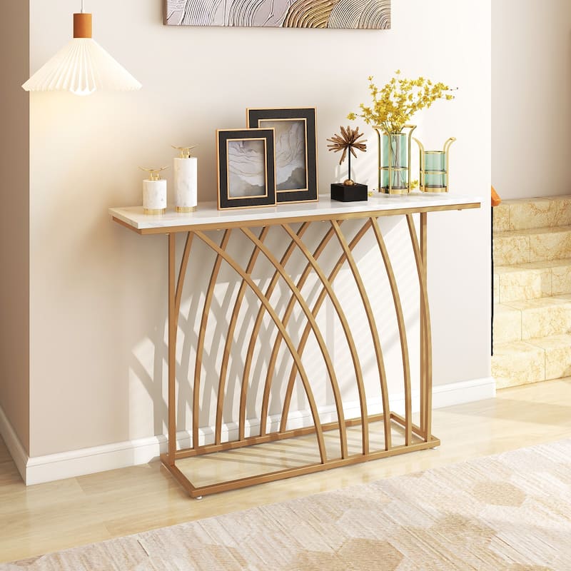 48" Gold Console Table with White Faux Marble Tabletop-White - 48" x 12" x 31.5"