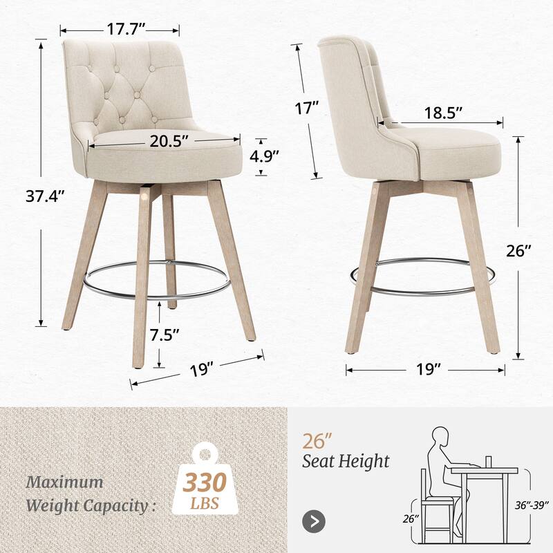 26" Counter Height Swivel Bar Stools with Solid Wood Frame Set of 2 - 26" H