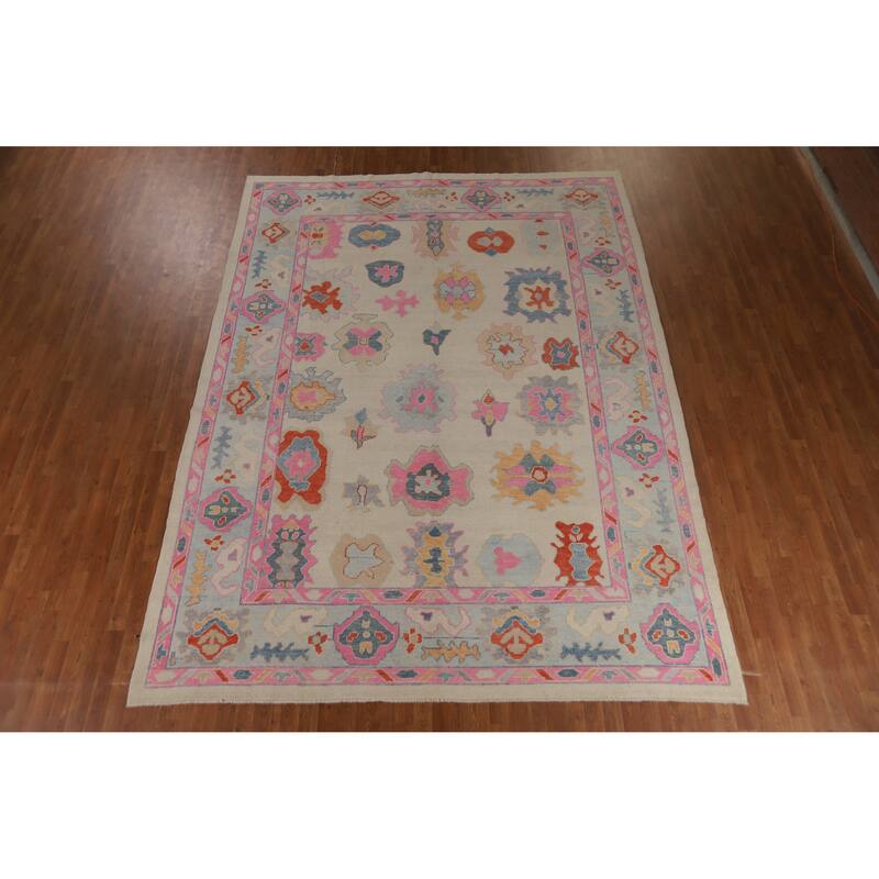 Hand Knotted Oriental 100% Wool Carpet Transitional All-Over Beige & Ivories Oushak Area Rug - 12' 3'' X 9' 3''