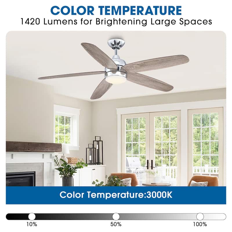 52" Classic Wooden 5-Blade Chrome Reversible Ceiling Fan with Light and Remote - 52 in. D x 52 in. W x 14.6 in. H