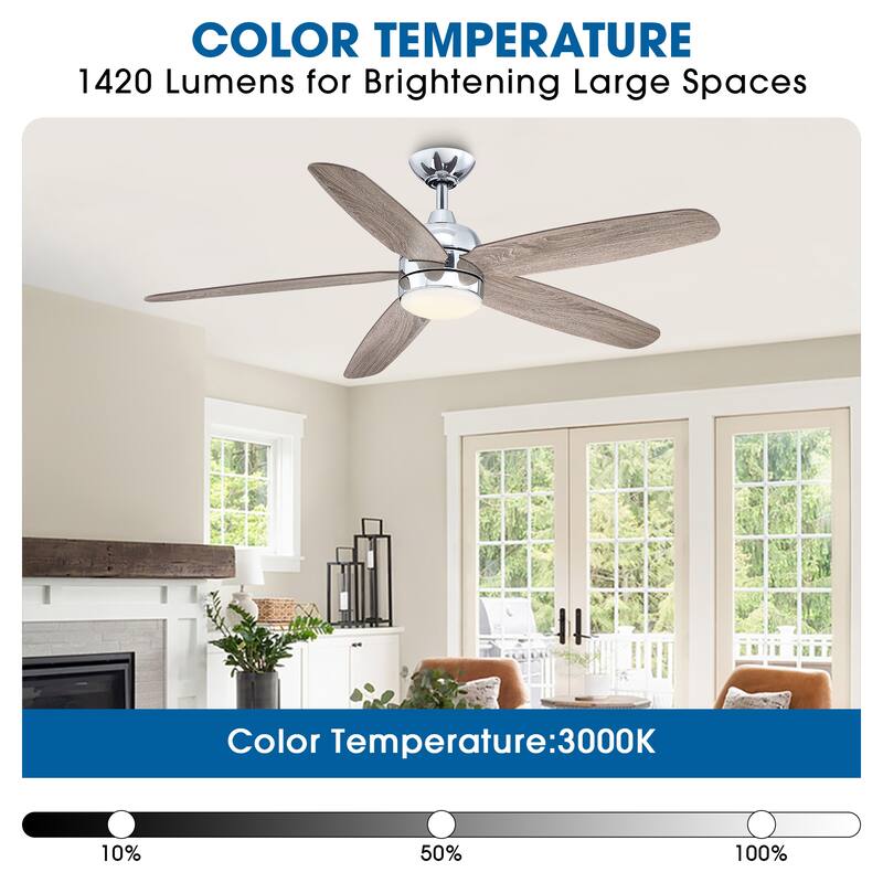 52-inch Chrome Modern Reversible LED Ceiling Fan with Light and Remote - 52 in. D x 52 in. W x 14.6 in. H