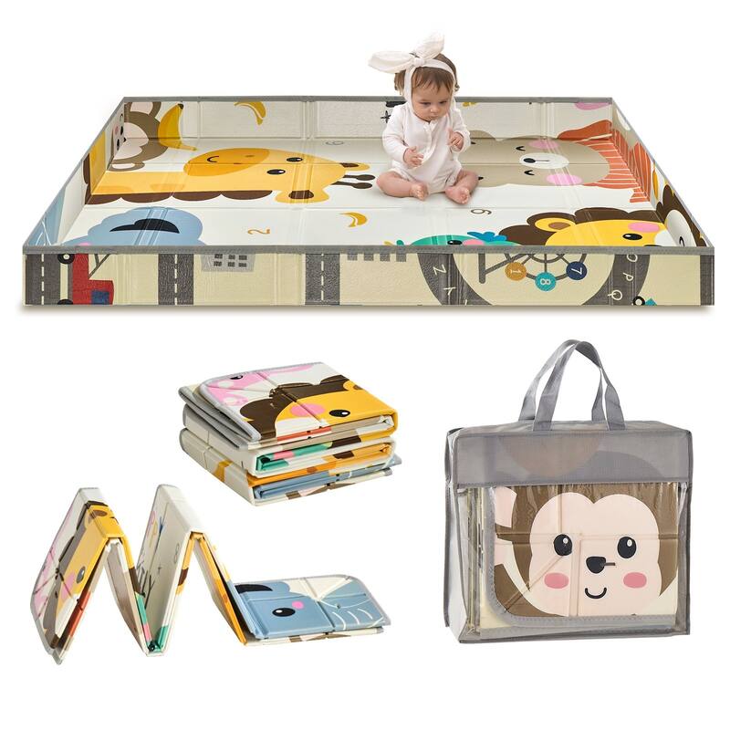 Multi Color Foam Foldable Baby Play Crawling Mat with Raised Letters and Anti-Slip Texture - 71” L x 55” W