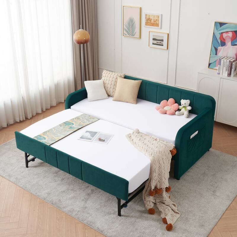 Twin Size Velvet Upholstered Daybed, Wood Sofa Bed Frame Daybed Couch with Trundle Bed and Wood Slat