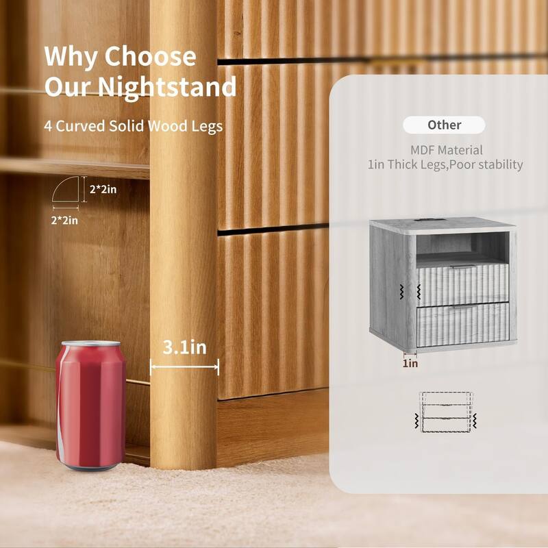 Fluted Nightstand Charging Station 3 Drawers Side Storage Shelves