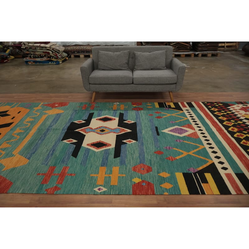 Hand Woven Oriental 100% Wool Carpet Southwestern Tribal Green Kilim Area Rug - 14' 10'' X 6' 9''