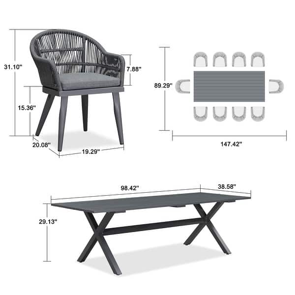dimension image slide 2 of 4, PURPLE LEAF Patio Dining Set with Outdoor Aluminium Dining Table and Woven Rattan Chairs