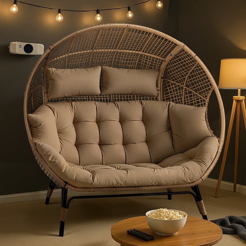 2-Person Indoor Wicker Egg Chair Loveseat, 57.1" Wide, 6.5" Cushion, 680-lb Capacity