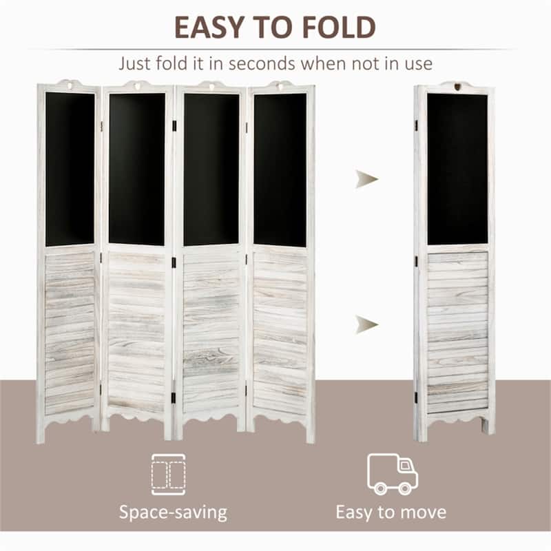 White-Black Paulownia Wood Blinds Room Divider with Blackboard - 63.8" L x 67.75" H x 0.75" T