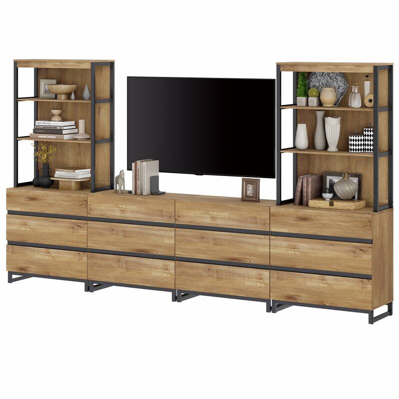 WAMPAT Modern TV Stand with 3 Tiers Bookshelf, Farmhouse Entertainment Center with 12 Drawers and Adjustable Shelf