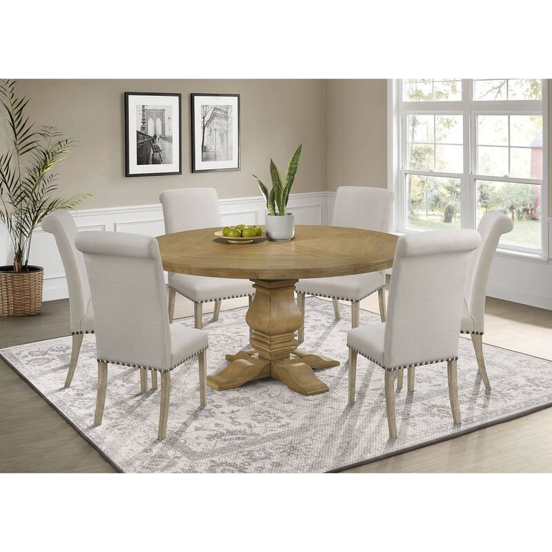 Florence Round Dining Table Set with Solid Back Side Chairs Rustic Honey - 1 Dining Table + 6 Side Chairs