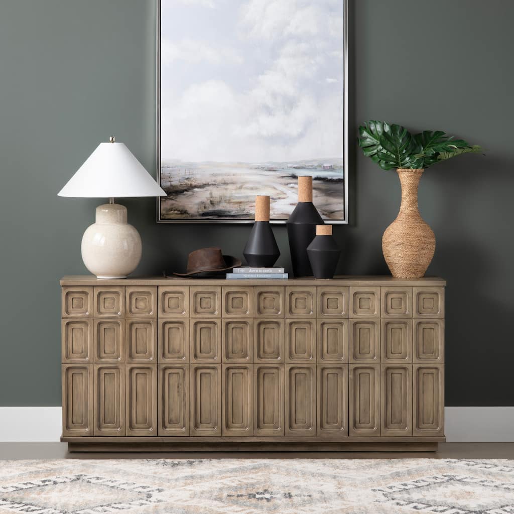 77 in. Brown Solid Wood 4 Door Media Credenza_Sideboard