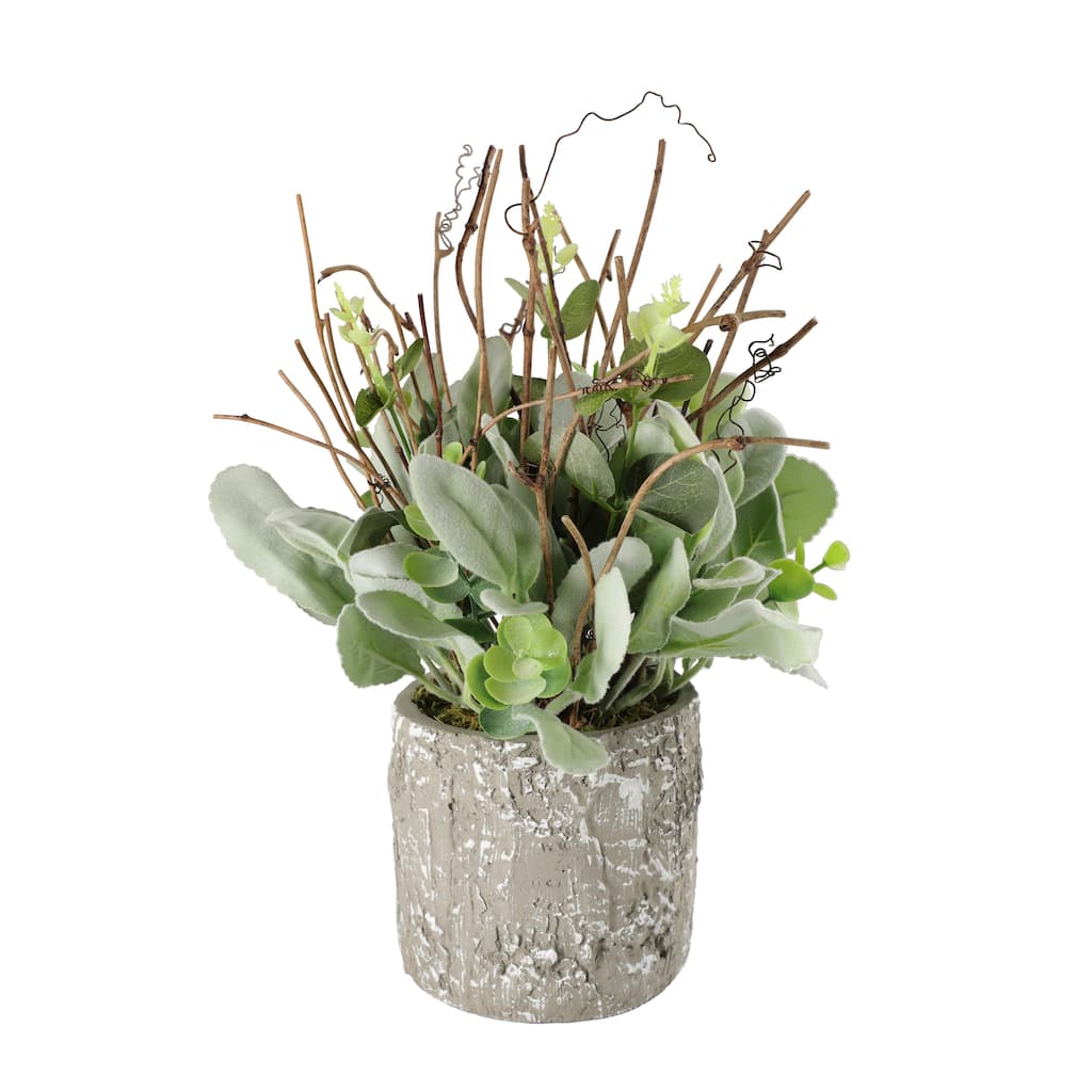 11" Lambs Ear Potted Plant With Twig & Greenery Leaves , Cement Pot