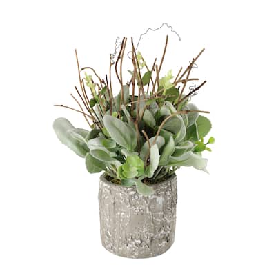 11" Lambs Ear Potted Plant With Twig & Greenery Leaves , Cement Pot