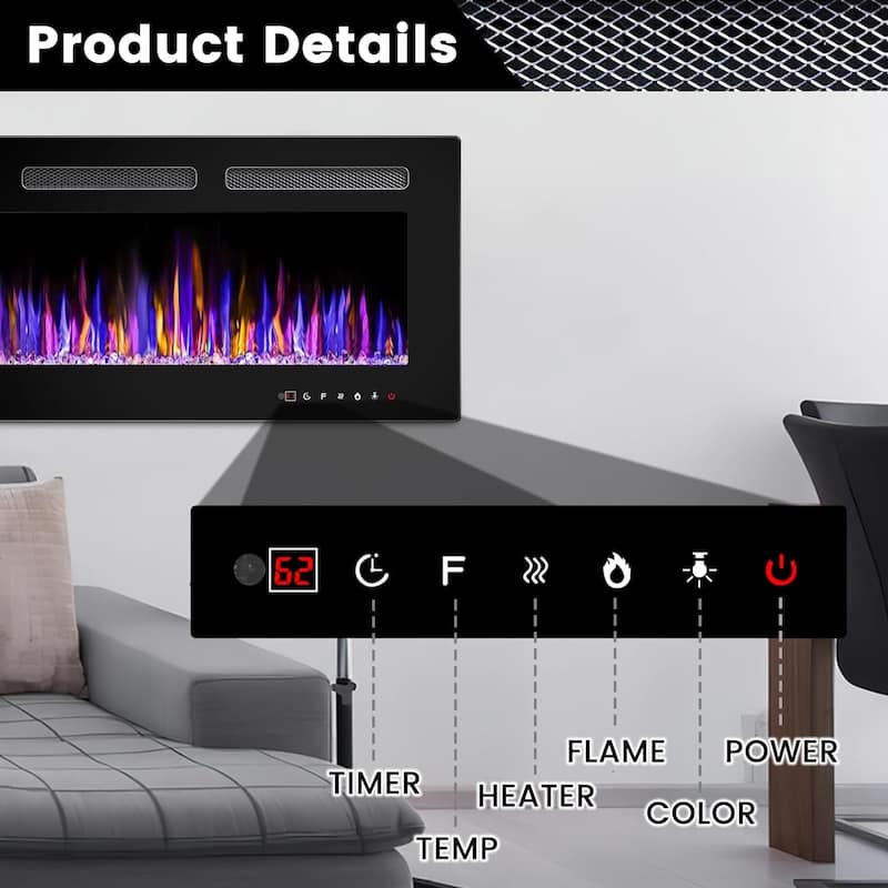 BOSSIN Electric Fireplace Wall Mounted and Recessed with Remote Control, 750/1500W Ultra-Thin Wall Fireplace Heater, Low Noise