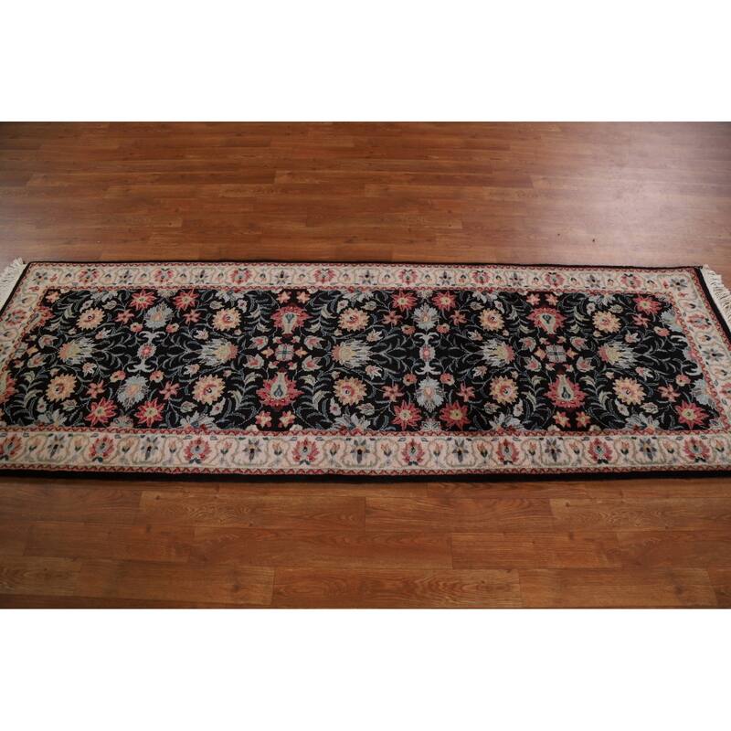 Hand Knotted Oriental 100% Wool Carpet Traditional Floral Black Kashan Runner Rug - 7' 8'' X 2' 6''