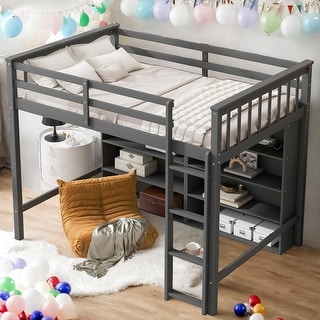 Multi-Functional Twin Size Loft Bed with 8 Open Storage Shelves and Built-in Ladder, Space Saving, Solid Construction, Gary
