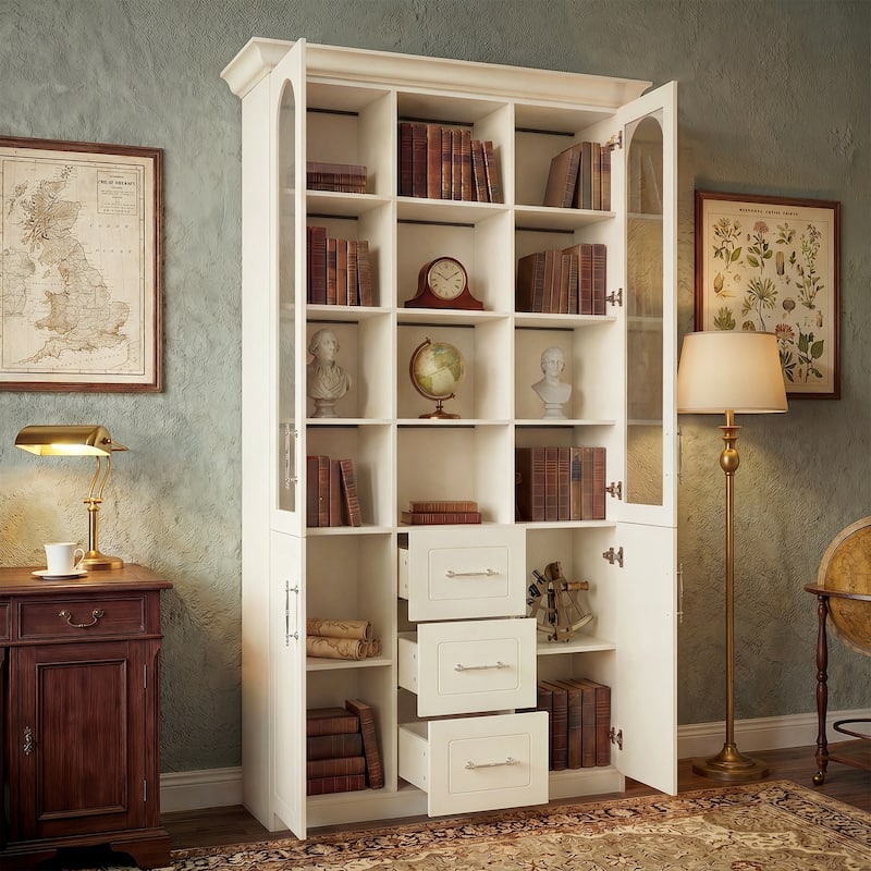 Modular Bookcase with LED Lights, Glass Door Storage Cabinet with Drawers, Large Display Shelving Unit Sideboard