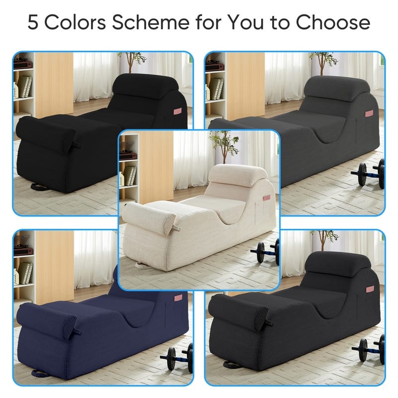 Mixoy Corduroy Yoga Chaise Lounge Chair,Curved Yoga Sofa with Movable Headrest/Waist Cushion/Footrest,Non-Slip Bottom