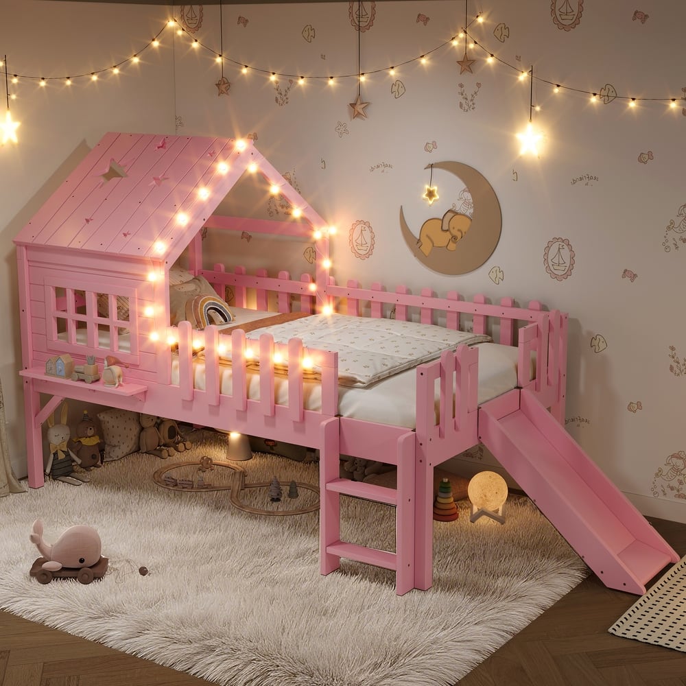 House Loft Bed with Slide and LED Lights, Kids Playhouse Bed with Star & Moon Cutout Roof and Window, Low Loft Bed