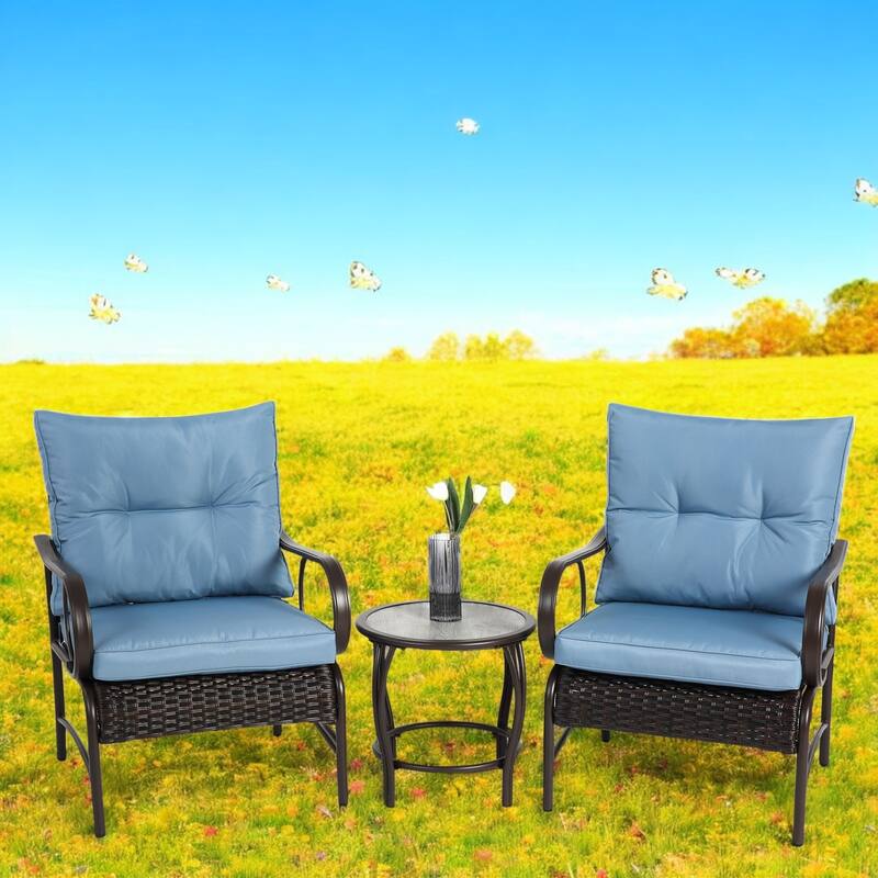 3-Piece Outdoor Wicker Patio Set with Cushions and Coffee Table – Furniture Set/Chair Set for Patio, Garden, or Poolside - Blue
